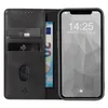 A black leather flip phone case with card slots and a euro banknote is shown next to an iPhone. Produktbild-Vorschau
