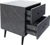 A gray marble-effect nightstand with two drawers, shown from a three-quarter angle with the drawers slightly open. Produktbild-Vorschau