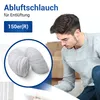 A man looking down at a flexible white hose, with text overlays indicating product details. Produktbild-Vorschau