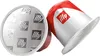 Two coffee capsules are shown against a white background. One capsule is viewed from the top, showing a silver lid with multiple embossed logos. The other capsule is viewed from the side, displaying a red and white design with a logo. Produktbild-Vorschau