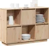 A wooden sideboard with multiple compartments, some open and some with doors, displaying dishes and cups. Anteprima dell’immagine prodotto