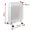 A white oil radiator with dimensions indicated by red lines and text. Náhled obrázku produktu