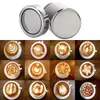 The top part of the image shows a close-up of a stainless steel shaker, while the bottom part displays a collage of various coffee latte art designs in cups. Produktbild-Vorschau