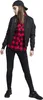 A young woman wearing a black baseball cap, black bomber jacket, red and black checkered shirt, and ripped black jeans, posing against a white background. Náhled obrázku produktu