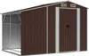 A brown metal shed with a silver frame and doors, shown from a slightly angled front view. Náhľad obrázku produktu