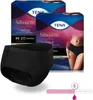 A product shot of Tena Silhouette Noir low waist underwear, with packaging in the background and a size indicator. Produktbild-Vorschau