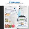 Inside view of a refrigerator, highlighting shelves and storage containers with food items and bottles. Produktbild-Vorschau