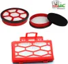 Three vacuum cleaner filters are displayed against a white background. The top left shows a round filter with a red frame and a white honeycomb pattern. To its right, a similar round filter is shown disassembled with its lid. Below is a rectangular filter  Produktbild-Vorschau