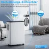 A white dehumidifier is shown in a room with a sofa and a washing machine, illustrating its use and effectiveness. Produktbild-Vorschau