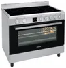 A silver and black electric stove with an oven is shown from a front-facing angle against a white background. Produktbild-Vorschau