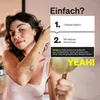 A woman is shown in a bathroom setting, looking into a mirror and touching her hair. Text overlays provide instructions and information about a product. Náhled obrázku produktu
