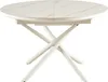 A round dining table with a white marble-look top and a white criss-cross base, set against a white background. Produktbild-Vorschau