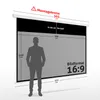 A diagram showing the dimensions of a projection screen with a silhouette of a person for scale. Produktbild-Vorschau