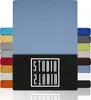 A stack of fabric swatches in various colors, with a large swatch of light blue fabric dominating the top half of the image. A black rectangle with a white logo is in the bottom half. Produktbild-Vorschau