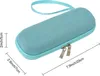 A teal colored insulin cooling bag with zippers and a strap, with dimensions indicated by measurement lines and text. Produktbild-Vorschau