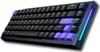 A black and purple mechanical keyboard is shown from a diagonal angle against a white background. Produktbild-Vorschau