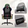 A gaming chair with RGB lighting and close-up views of its headrest and lumbar support cushions. Náhľad obrázku produktu