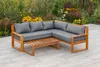 An outdoor patio setting with a sectional sofa and coffee table, surrounded by flowers. Produktbild-Vorschau