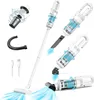 A collage of images showing a white stick vacuum cleaner and its accessories, with some images highlighting its internal components and airflow. Produktbild-Vorschau