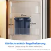 A blue water filter jug is placed on a shelf inside a refrigerator, with dimensions indicated by text overlays. Podgląd zdjęcia produktu