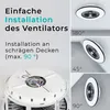 Collage showing a ceiling fan and its installation on different angles. Produktbild-Vorschau