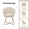 A collage of images showing a beige velvet accent chair with a scalloped back and gold metal legs from different angles, with the German word "Winkelanzeige" (Angle display) at the top. Voir les images du produit