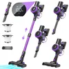 A collage of images showing a purple and black cordless vacuum cleaner from different angles, along with its accessories and a digital display. Produktbild-Vorschau