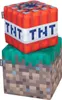 Two cube-shaped ottomans are stacked on top of each other. The top ottoman is designed to look like a TNT block from the game Minecraft, with red and gray stripes and the word "TNT" written in blue pixels on a white band. The bottom ottoman is designed to  Podgląd zdjęcia produktu