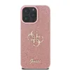 A pink glittery iPhone case with a gold Guess logo and the word 'Guess' printed on it. Voir les images du produit