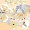 A child's feet are shown interacting with a wooden climbing arch, with close-up insets highlighting product features. Podgląd zdjęcia produktu