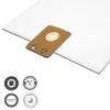 A white vacuum cleaner bag with a brown cardboard adapter is shown on a white background. Several circular badges are displayed in the bottom left corner. Produktbild-Vorschau