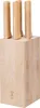A wooden knife block with three knives inserted. Produktbild-Vorschau