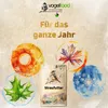 A bag of birdseed is surrounded by watercolor illustrations representing different seasons: summer (pineapple slice), autumn (maple leaf), spring (green maple leaf), and winter (snowflake). Produktbild-Vorschau