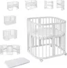 A collage of different configurations and accessories for a white baby crib. Produktbild-Vorschau