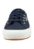 A front view of a navy blue Superga sneaker against a white background. Produktbild-Vorschau
