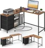 A L-shaped desk with a computer, printer, and storage drawers, shown from multiple angles. Anteprima dell’immagine prodotto
