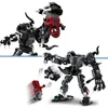 Two LEGO Marvel Venom Mech vs. Miles Morales sets are shown in action poses against a white background. One set features Venom in a quadrupedal stance with Miles Morales dangling from its mouth. The other set shows Miles Morales in a running pose, throwing Produktbild-Vorschau