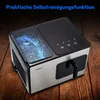 A Medion ice maker is shown on a wooden surface, with a blue graphic overlay at the top. Produktbild-Vorschau