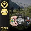 Three smartwatches are displayed in front of a background image of people hiking in a mountainous area. There are also two circular icons on the left side of the image, one with a map pin and the other with the text 'GPS'. Podgląd zdjęcia produktu