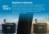 A man sits in a black hot tub in a snowy landscape on the left, and another man sits in a similar hot tub on a wooden deck on the right. Text describes the product's temperature resistance. Produktbild-Vorschau