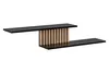 A modern, S-shaped shelf unit with black shelves and a central section made of vertical wooden slats. Náhľad obrázku produktu