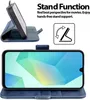 A blue flip case for a smartphone is shown in two configurations: one open and angled to act as a stand, and another showing the phone inside the case with its screen on. Text describes the stand function. Náhľad obrázku produktu