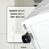 A close-up of a wheel on a white rolling cabinet, with German text overlay describing its mobility. Produktbild-Vorschau
