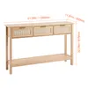 A light wood console table with three rattan-fronted drawers and a lower shelf, shown against a white background with dimension lines and text overlays. Produktbild-Vorschau