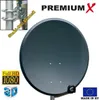 A satellite dish with various marketing labels and a close-up of its mounting hardware. Produktbild-Vorschau
