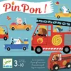 A colorful illustration of various cartoon animals driving cars and a fire truck, with the game title "Pin Pon!" prominently displayed. Voir les images du produit