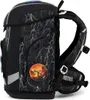 Side view of a black school backpack with a lightning pattern and a circular graphic on the side. Produktbild-Vorschau
