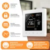A white smart thermostat is displayed with various feature icons and text descriptions on the left side, and a wooden surface below. Anteprima dell’immagine prodotto