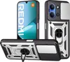 Multiple views of a phone case with a ring holder and camera cover.