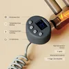 A close-up of a heating element control unit with a digital display and buttons, attached to a radiator. Text labels explain the functions of the buttons and display information about temperature settings. Produktbild-Vorschau